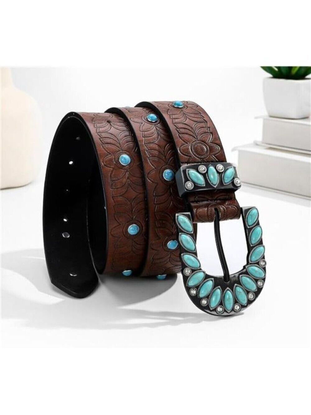 Brown Western Belt Woman Turquoise Cowgirl Belts for Jeans Pants Size Small